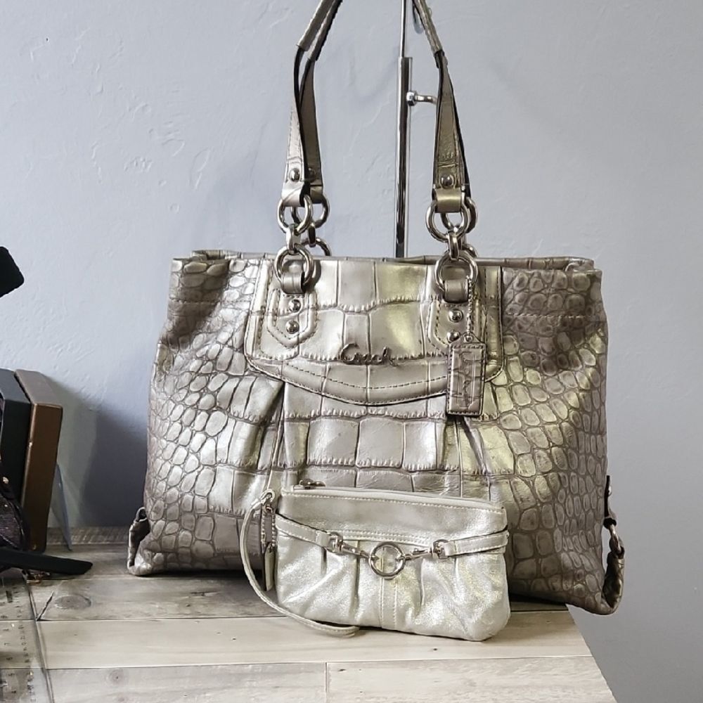 Coach Metallic Croc-Embossed Tote and Pouch Set